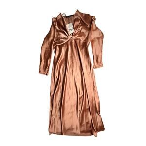 Zara NWT Copper Satin Twist Front Midi Dress Long Sleeve L